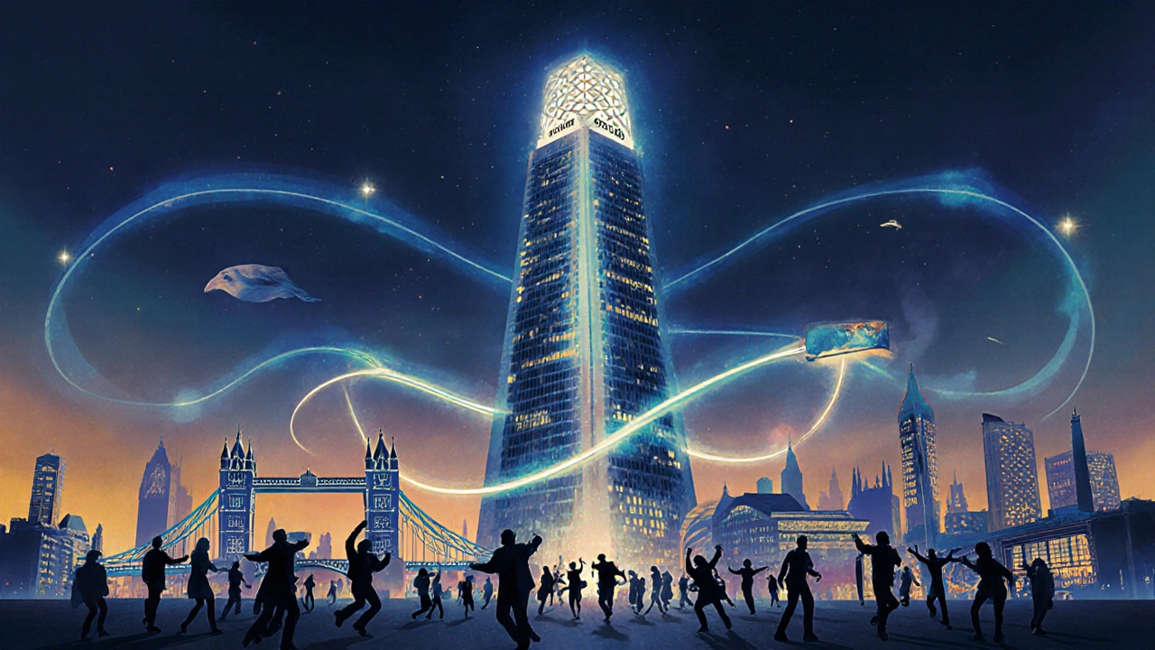 A glowing soundwave connects London landmarks as diverse people dance beneath it in silhouette.