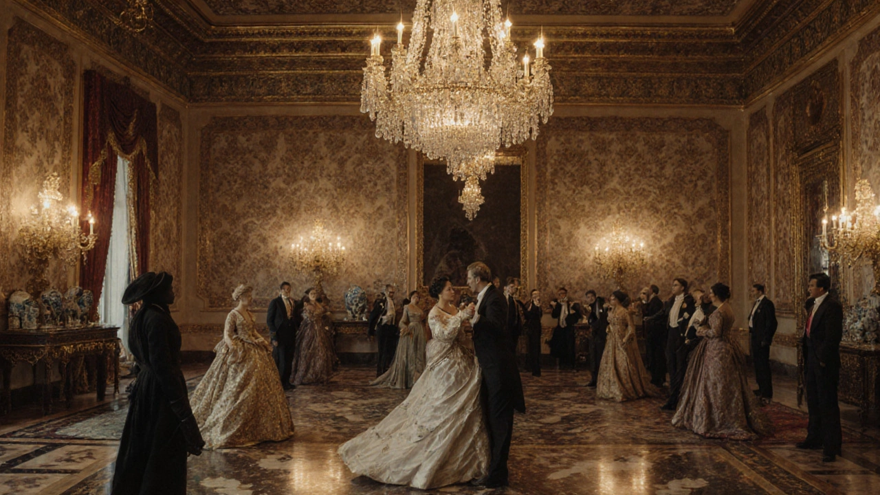 A grand Victorian ballroom with a massive chandelier, guests dancing under gilded walls and silk damask.