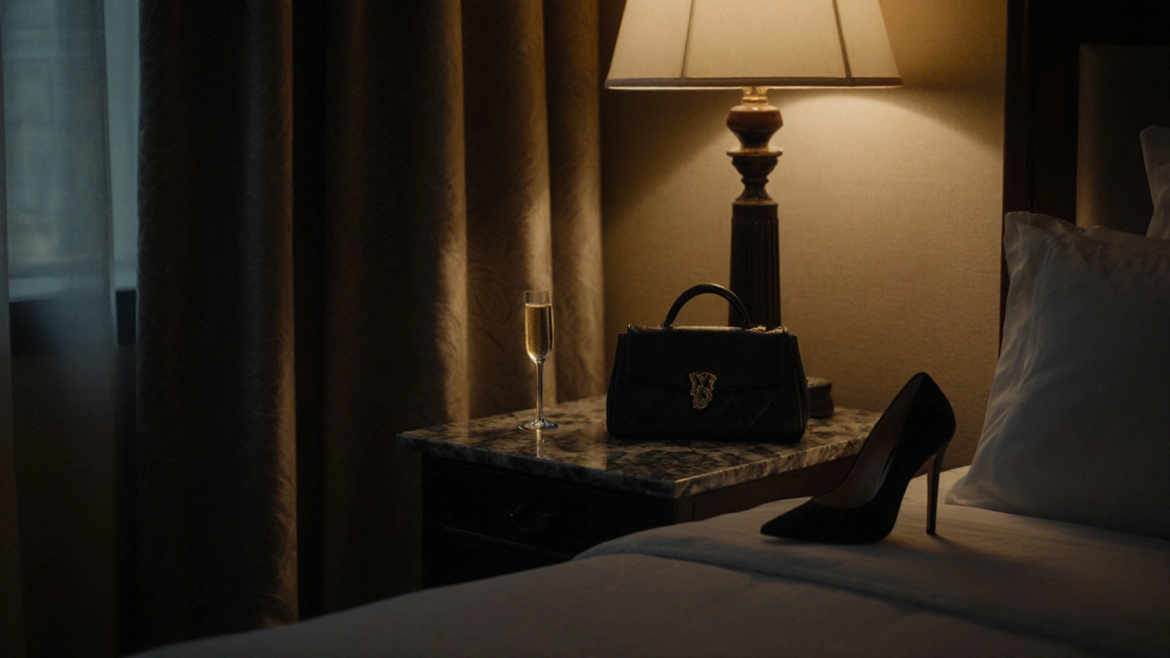A luxurious hotel suite with champagne, a handbag, and a single high heel beside the bed.