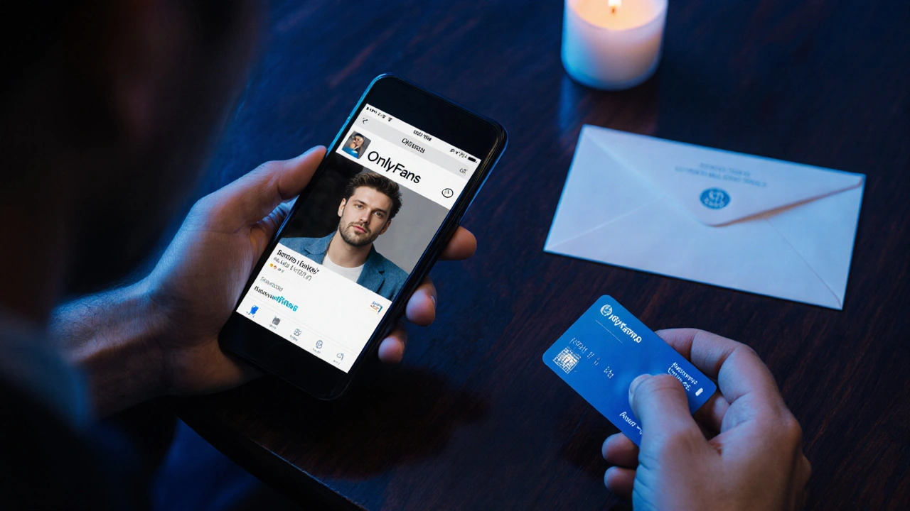 A man&#039;s hands holding a phone with a verified OnlyFans profile beside a hotel keycard and payment envelope.