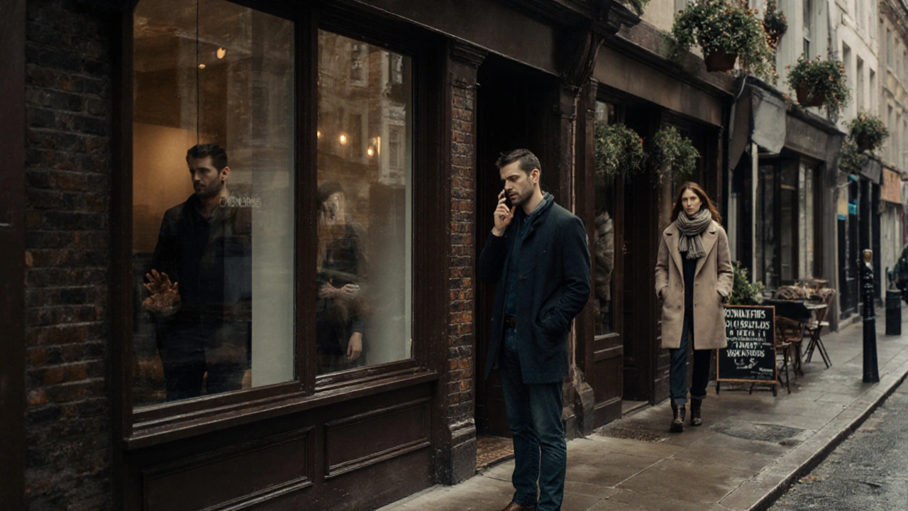 A man hesitating outside a residential building in Notting Hill, phone in hand, looking uncertain.