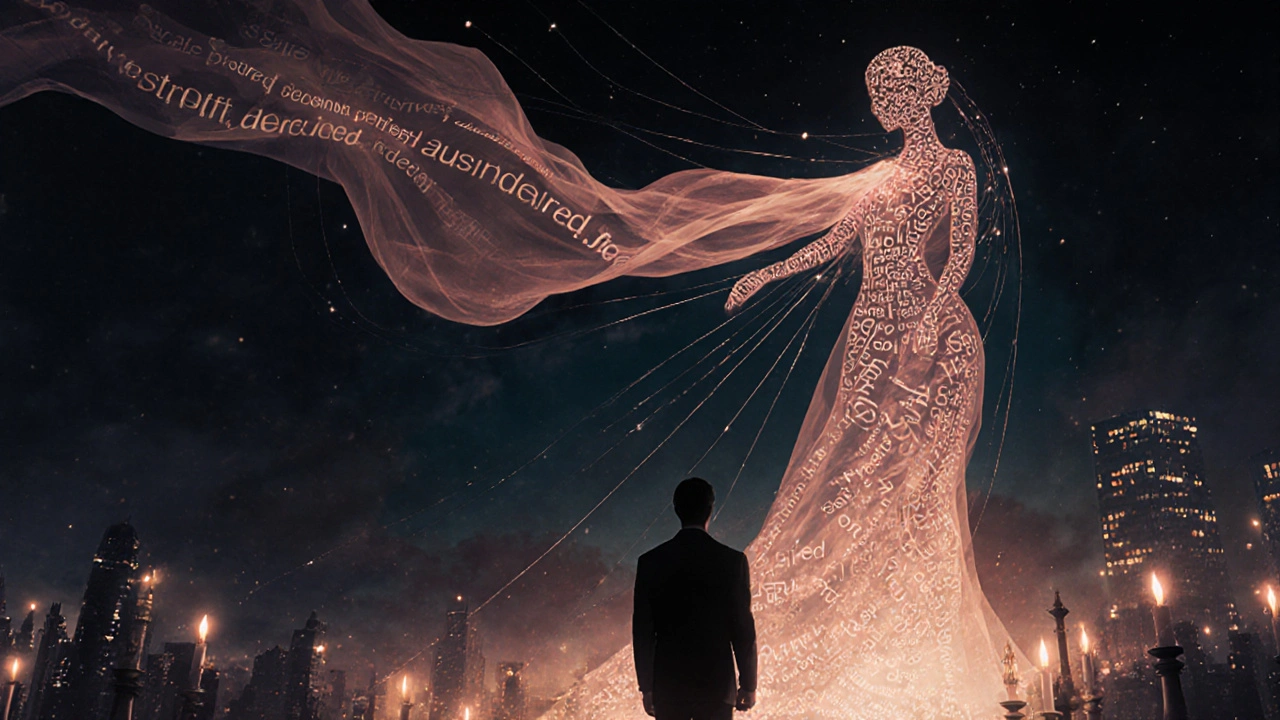 A man is lifted by glowing words of emotional validation as a graceful woman dissolves into silk and light.