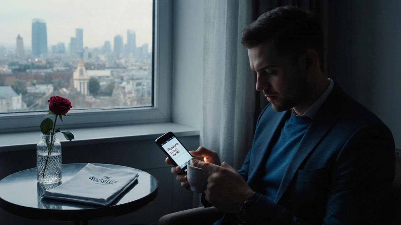 A man sits alone by a window, holding coffee, gazing at a text message as morning light fills the room.