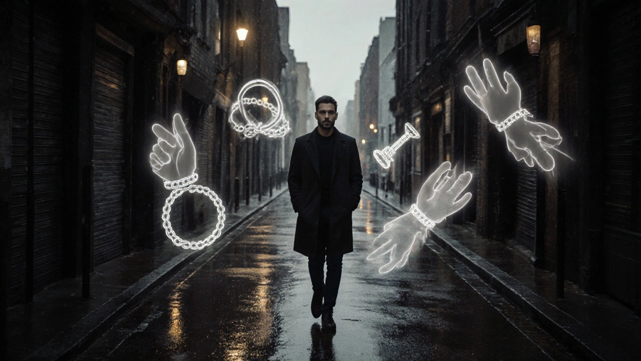 A man walks alone down a rainy alley at dawn, ghostly BDSM imagery fading behind him, symbolizing inner release.