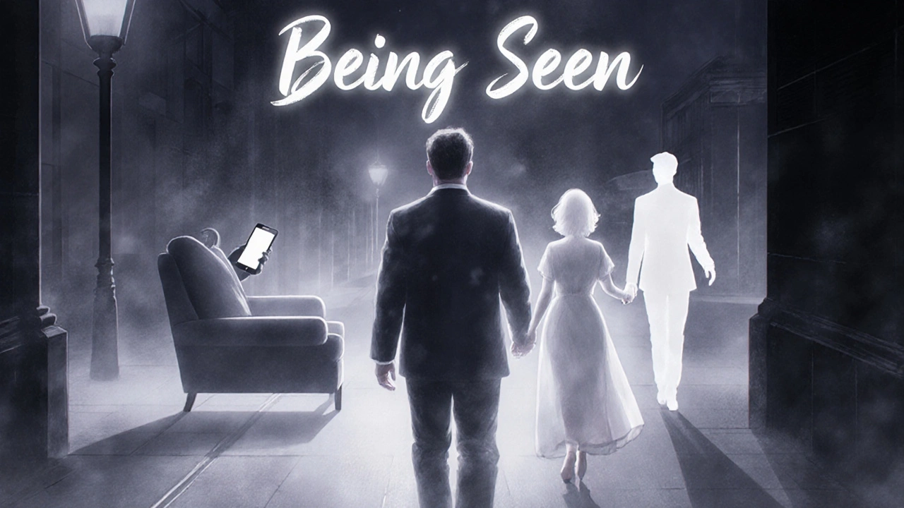 A man walks through foggy London as his shadow transforms into symbolic figures representing emotional needs.