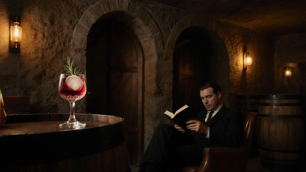 A moody basement bar with oak barrels and a slow-melting cocktail in crystal glass.