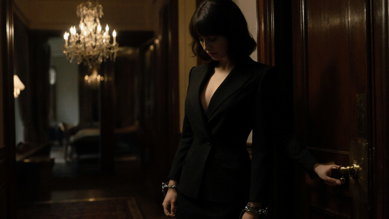 A mysterious woman in a black dress standing in a grand hallway, holding handcuffs under dramatic lighting.