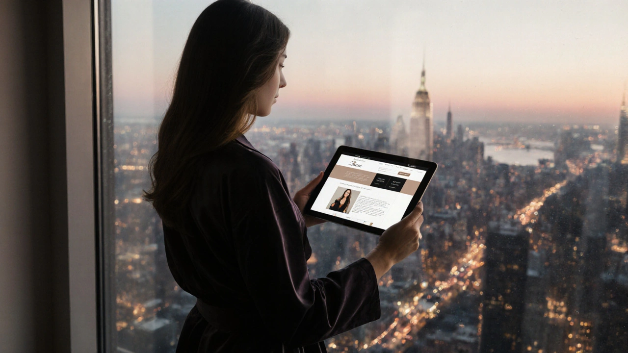 A professional woman in a robe by a penthouse window, reflecting city lights and a discreet agency website.