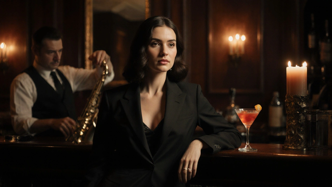A sophisticated woman in a tailored suit holding a Negroni in a cozy jazz bar.