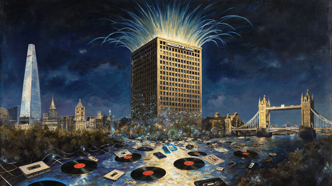 A soundwave made of music formats flowing from Ministry of Sound through London’s skyline as a cultural symbol.