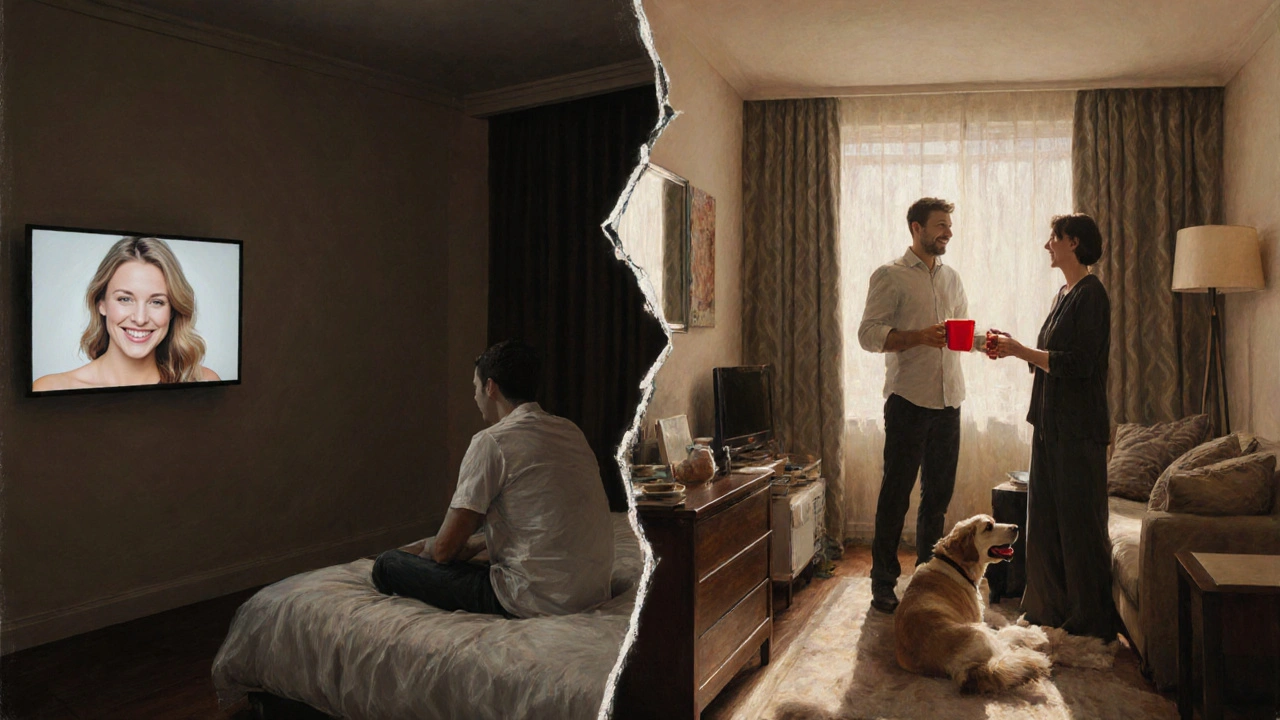 A symbolic split scene: sterile hotel room versus warm home, representing artificial vs. authentic connection.