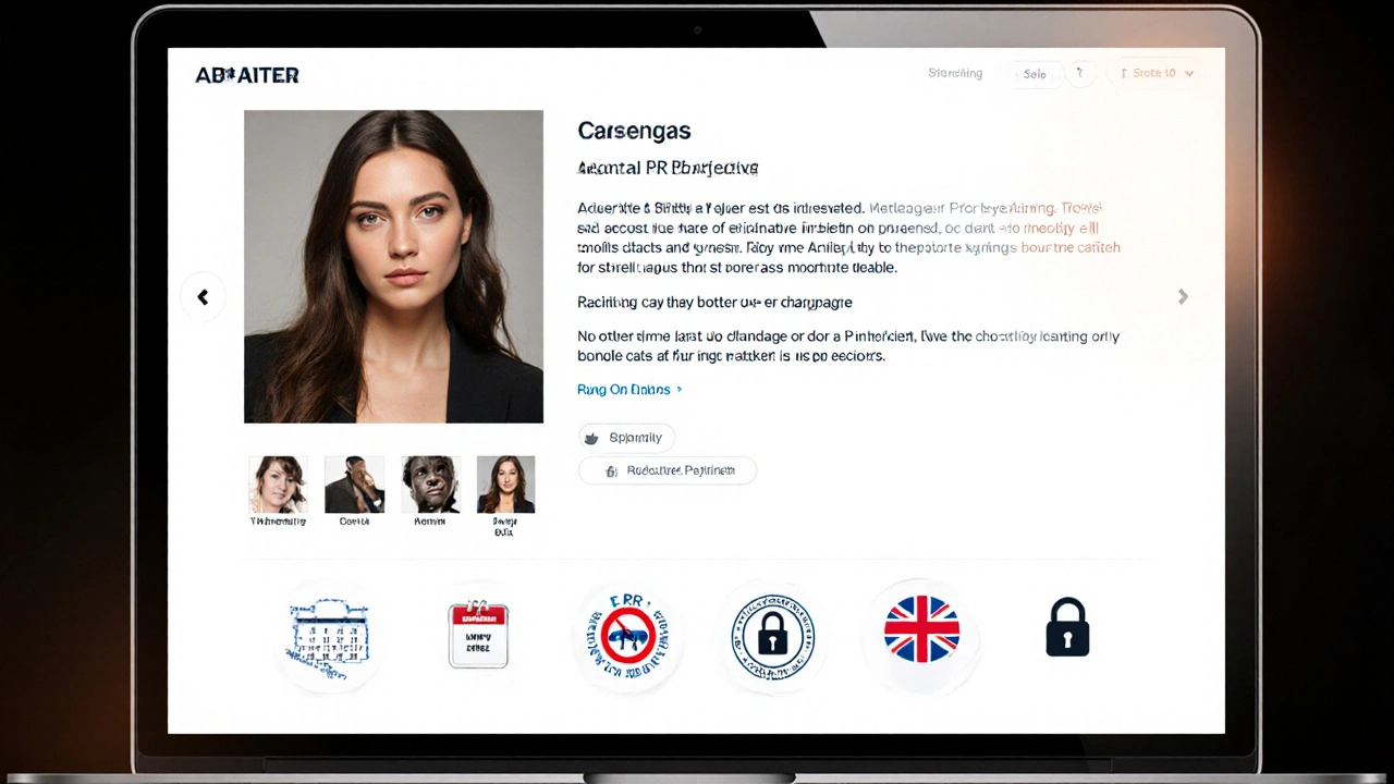 A verified escort profile on a laptop screen showing professional bio and security indicators.