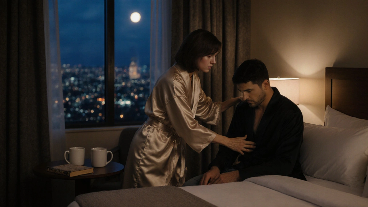 A woman gently comforts a man in a hotel room, their connection tender and non-sexual.