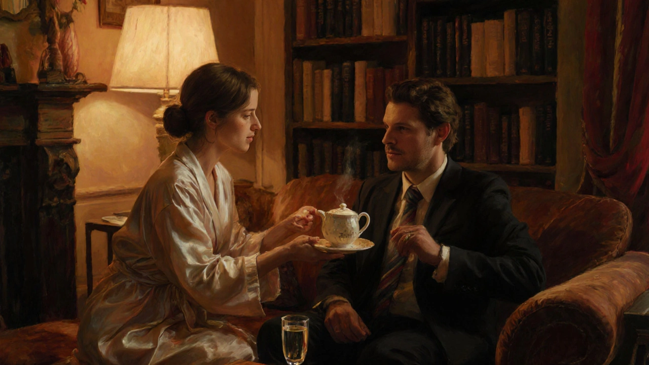 A woman in a silk robe offers tea to a man in a cozy, book-filled apartment in Notting Hill.