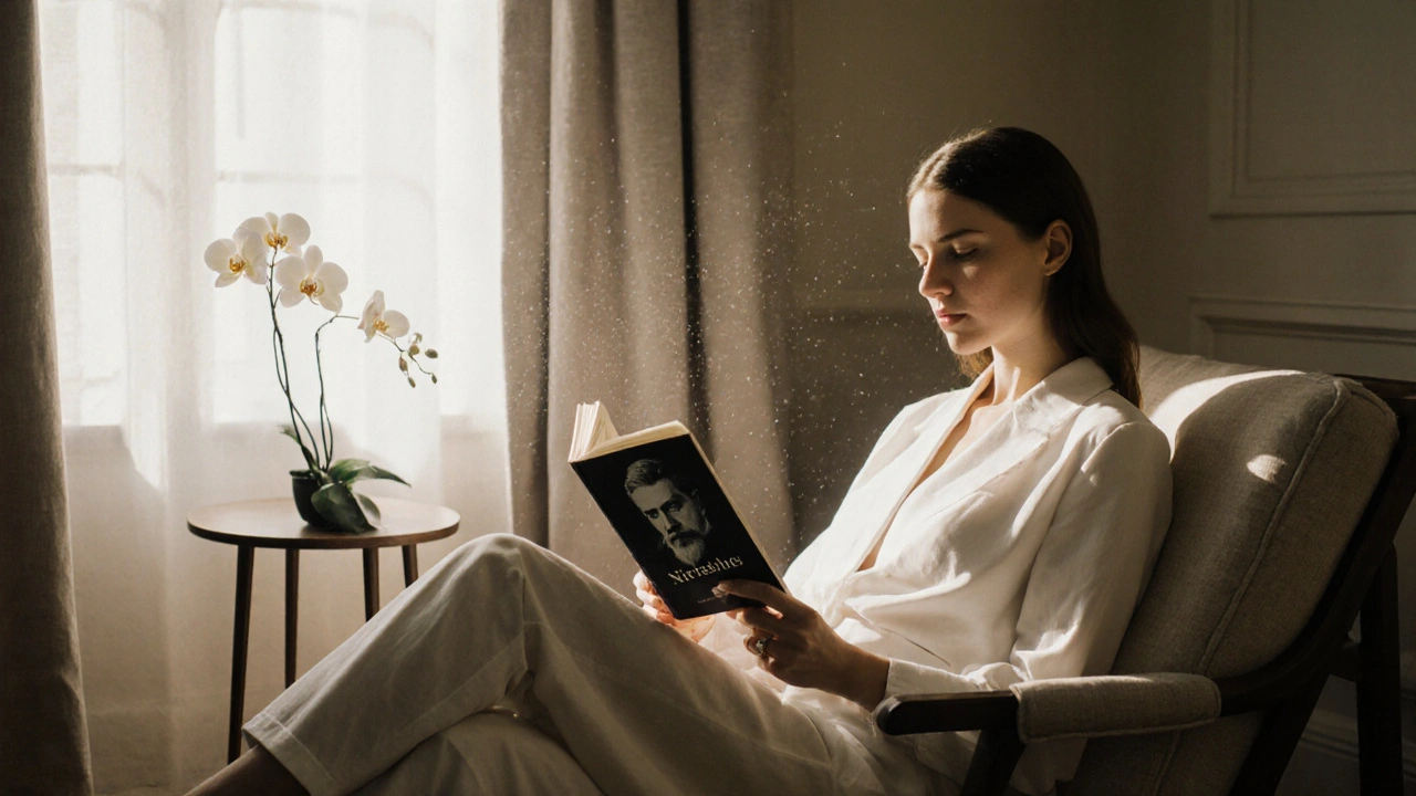 A woman reading Nietzsche in a sunlit Belgravia sitting room with natural elegance.