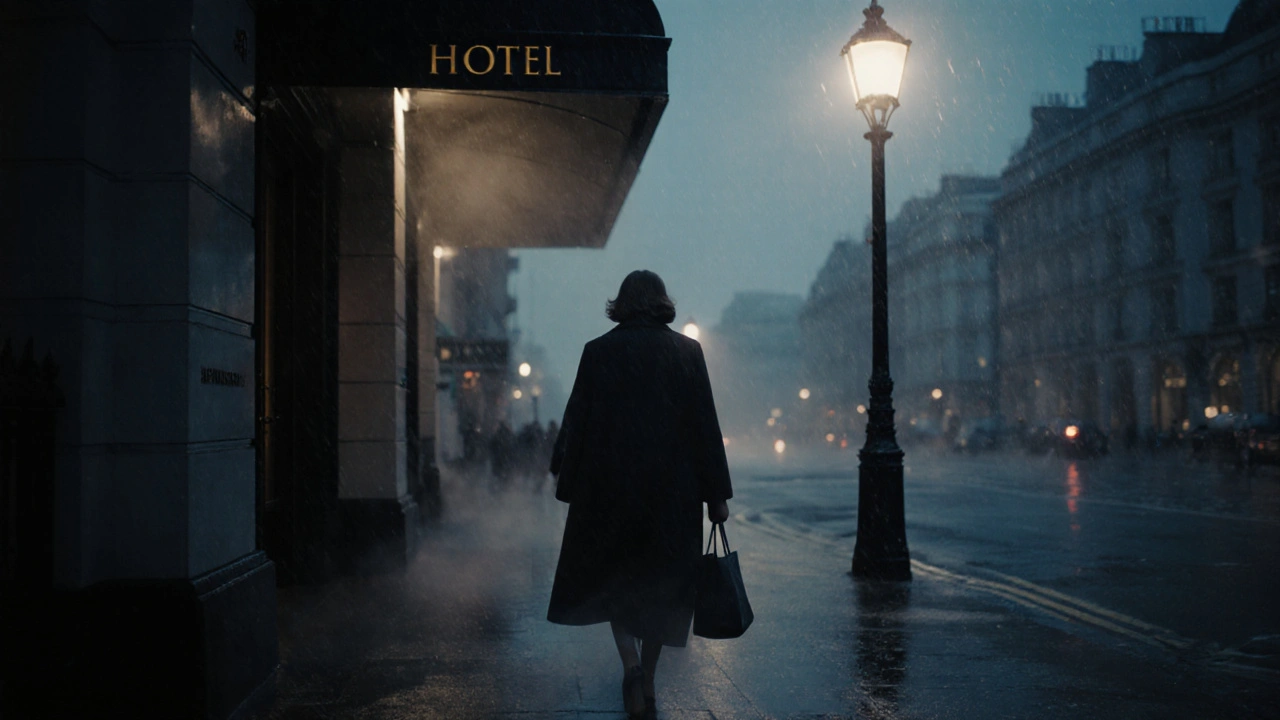 A woman walking away from a hotel in London at dawn, symbolizing discretion and dignity.