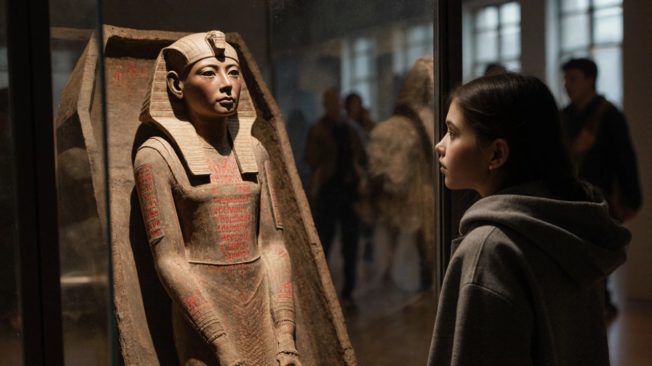 A young girl gazing in awe at the ancient Egyptian mummy of Irtyru, her coffin adorned with faded red hieroglyphs.