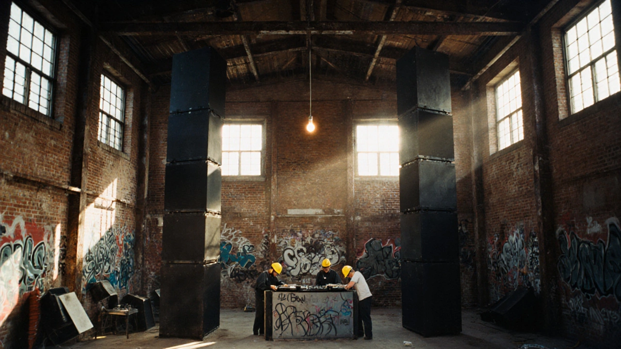 Abandoned bus depot being transformed into a nightclub with massive speakers being installed in 1991.