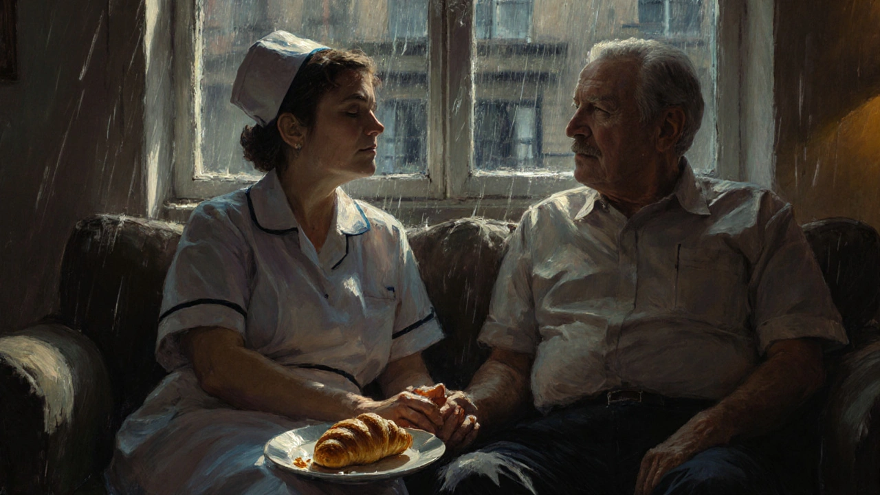 An elderly woman and man sit silently together, holding hands in soft lamplight.