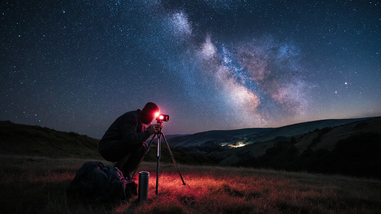 Astrophotographer capturing the Milky Way over Box Hill at twilight with a tripod and red headlamp.
