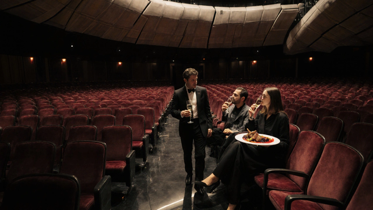 Barbican Centre concert hall at intermission with burgundy seats, guests sipping sparkling wine under soft lighting.