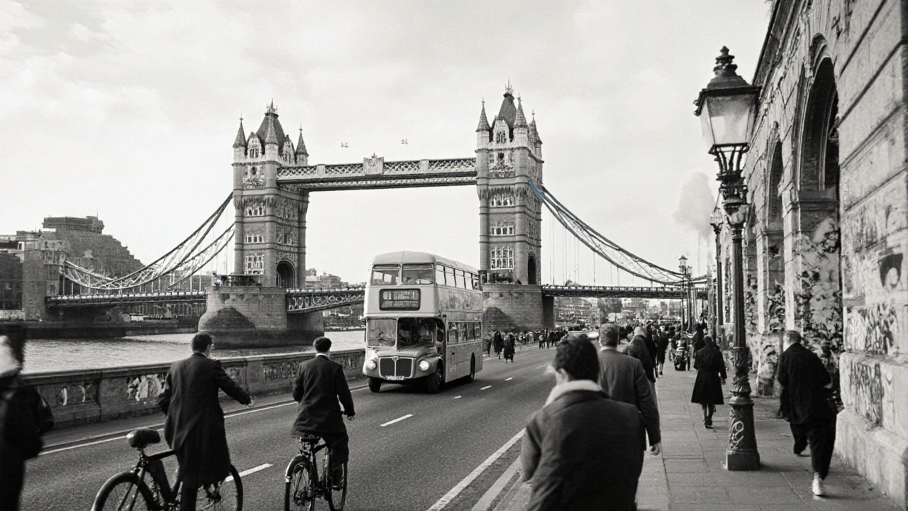 Black-and-white scene of Tower Bridge with rising bascules, buses and pedestrians crossing below.