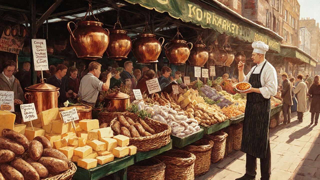 Borough Market vendors selling artisanal British cheeses, fish, and sourdough under autumn morning light.