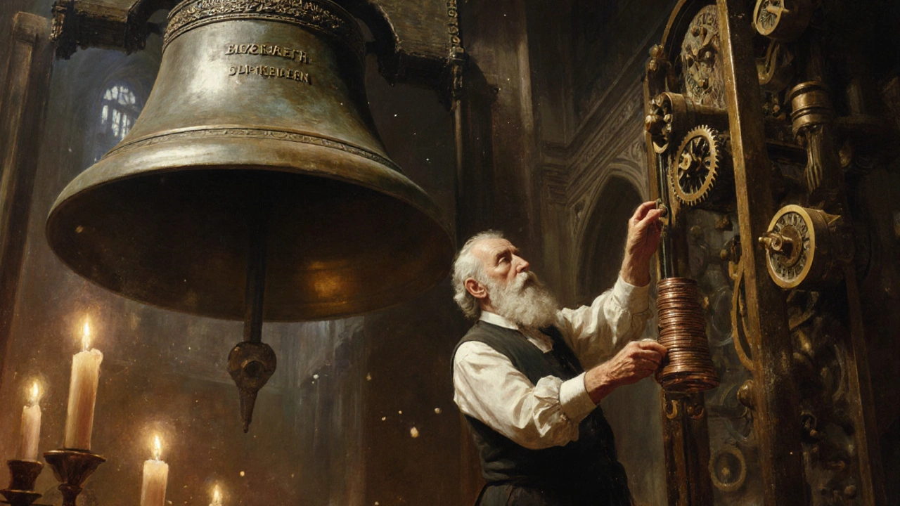 Clockmaker adjusting the pendulum with pennies inside the Elizabeth Tower&#039;s mechanism room.