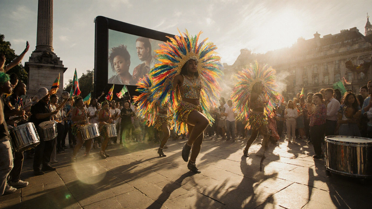 Colorful Caribbean Carnival dancers in glittering costumes celebrating in Trafalgar Square.