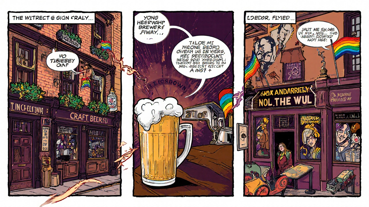 Comic-style triple-panel scene of London&#039;s modern pub crawls: Victorian gin tasting, craft beer tour, and LGBTQ+ heritage route.