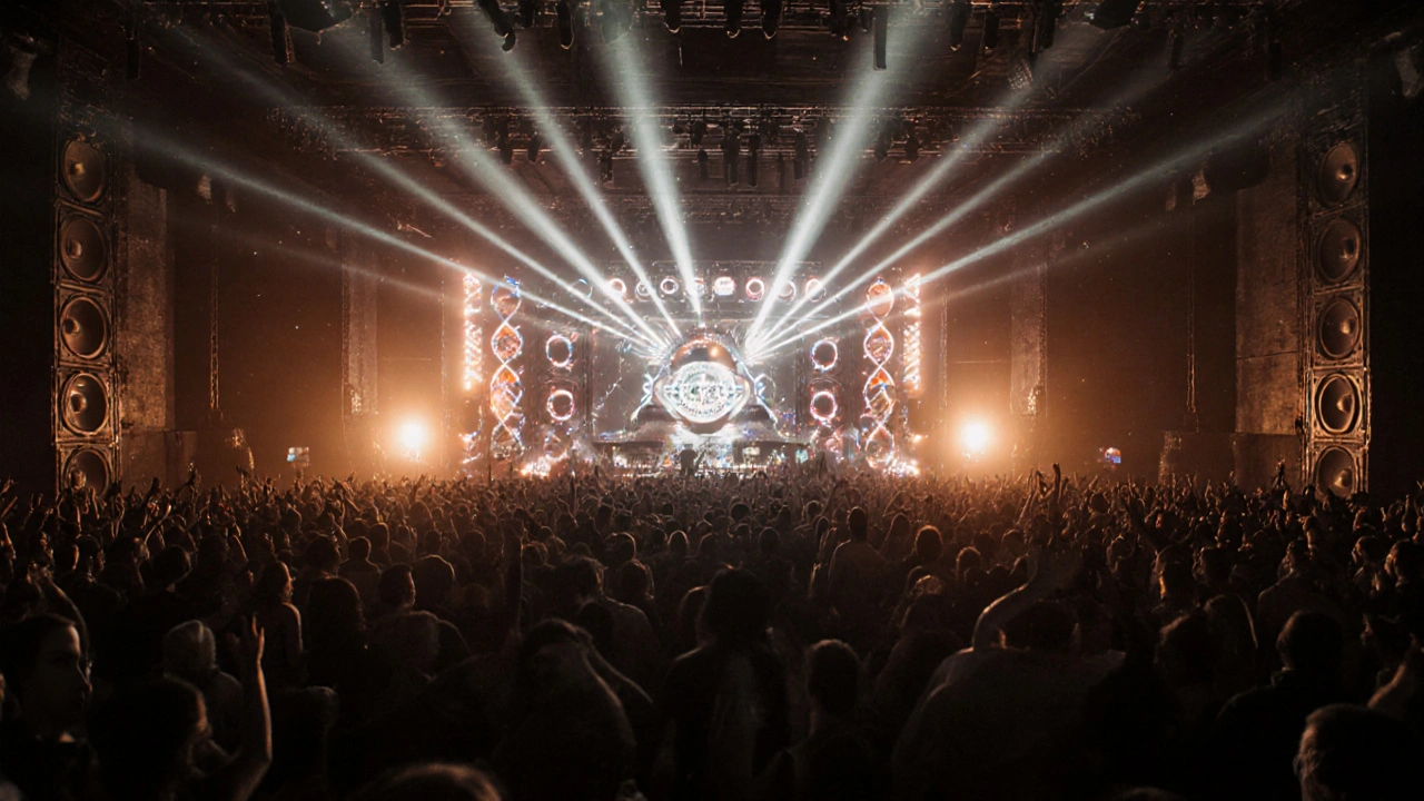 Crowd dancing under pulsing lights and powerful sound systems inside Ministry of Sound, bass vibrating the air.