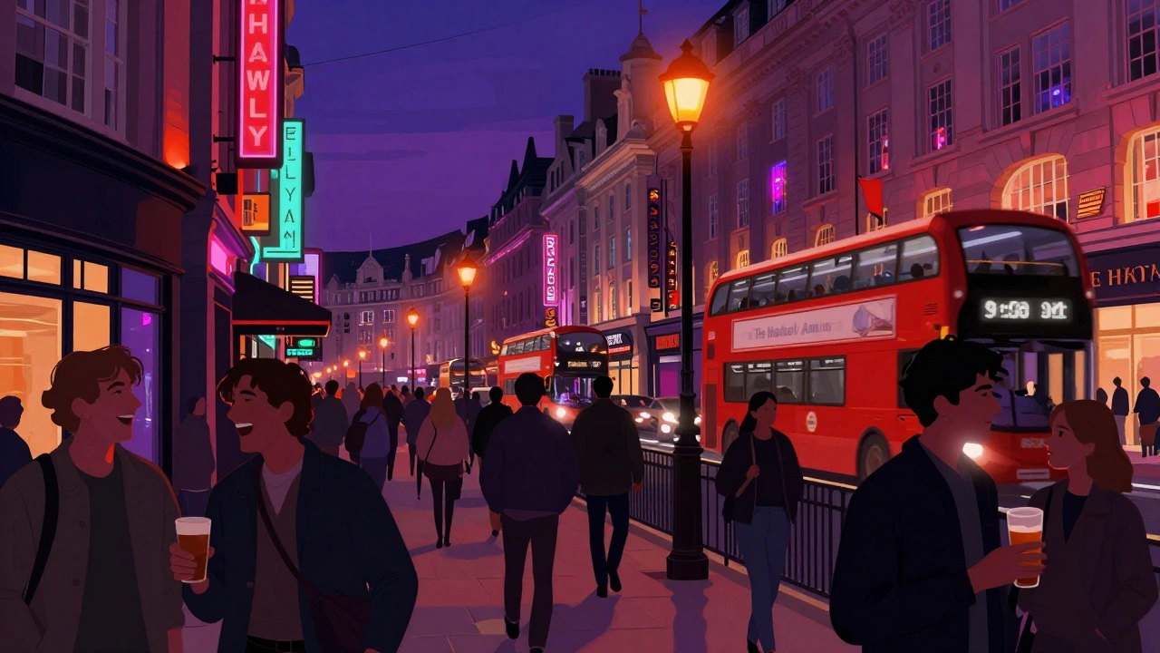 Crowded London streets at night with glowing signs and people moving between pubs.