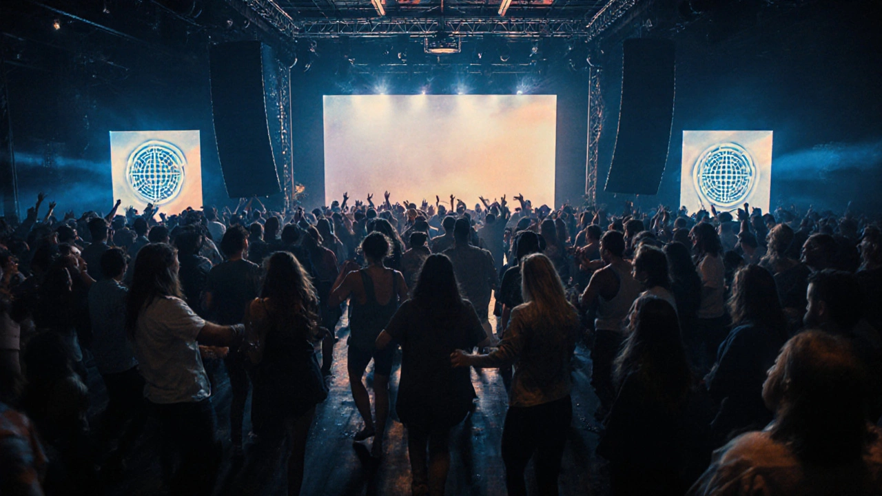 Diverse crowd dancing under synchronized light projections on the walls inside Ministry of Sound&#039;s main room.