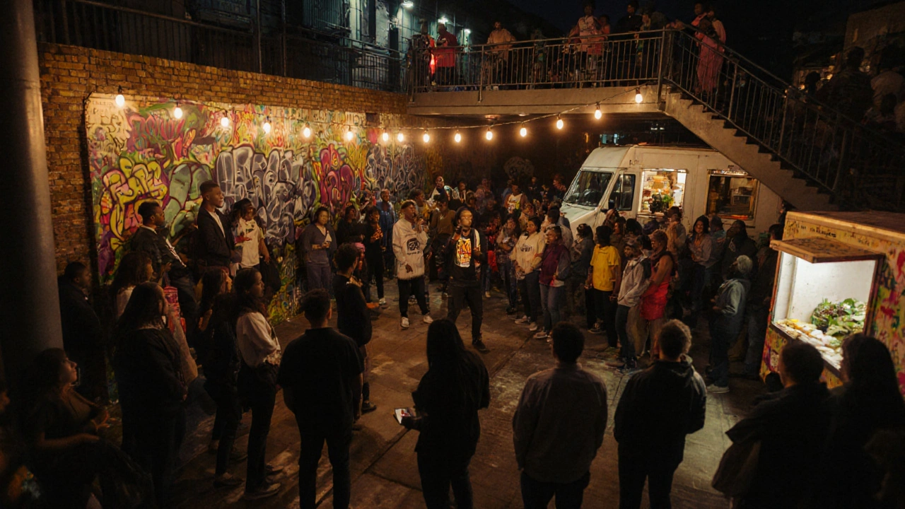 Diverse crowd enjoying Afrobeat music and poetry at Peckham Levels with food trucks and string lights.