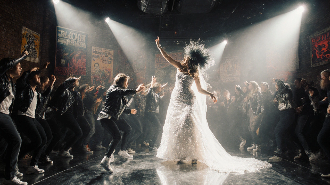 Diverse crowd in glittery costumes dancing wildly under dramatic stage lights.