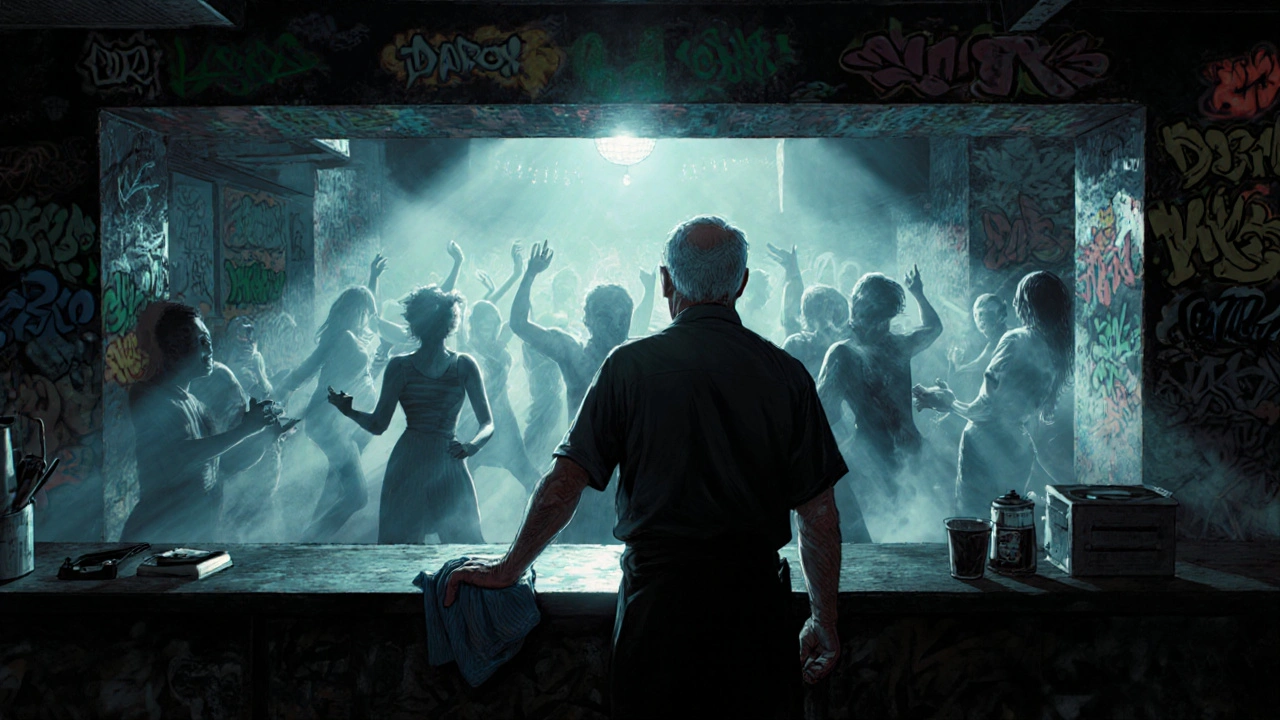 Elderly staff member at the back bar, ghostly figures of past patrons fading into the crowd, walls covered in decades of graffiti.