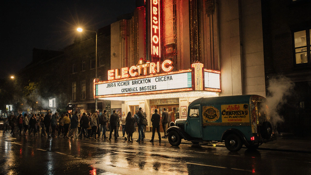 Electric Brixton&#039;s Art Deco building at night with a line of people outside and a food truck nearby under streetlamps.