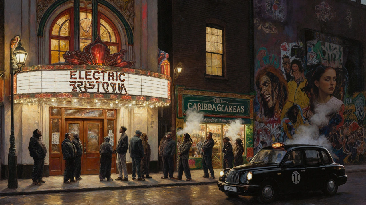 Electric Brixton club exterior at night with art deco architecture, next to a glowing Caribbean takeaway, people waiting to enter.