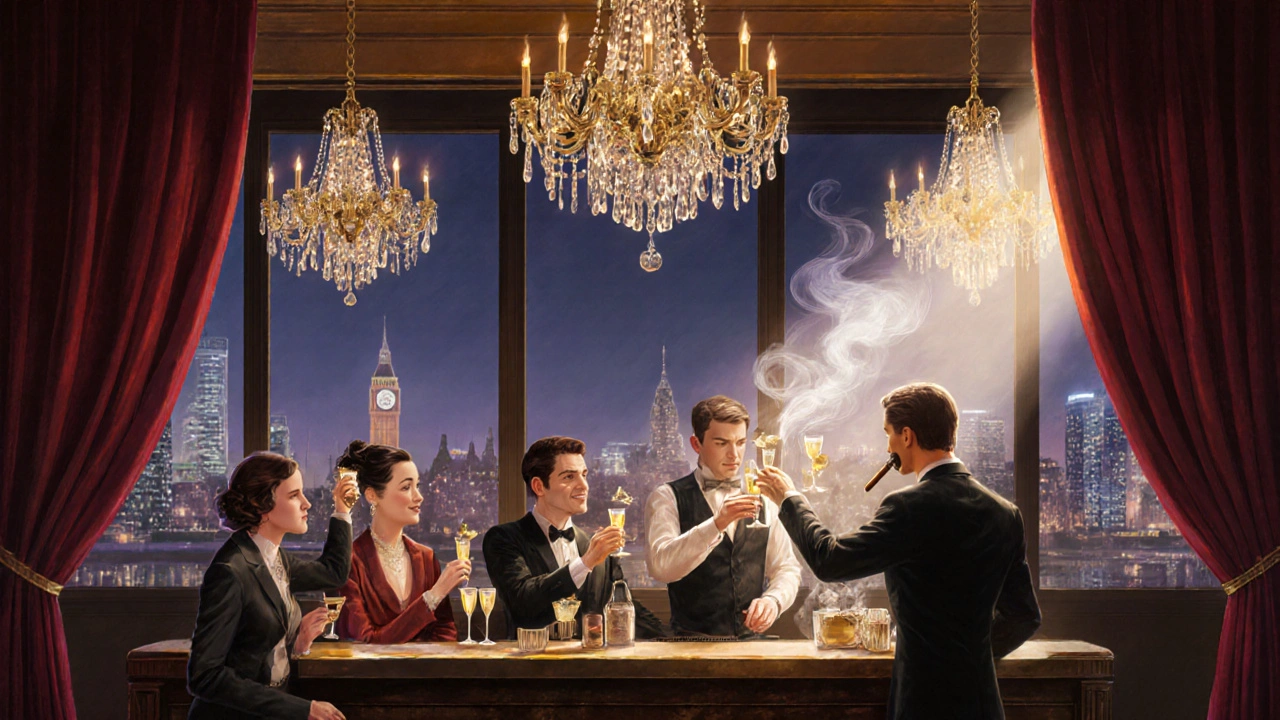 Elegant group raising champagne flutes in a 1920s speakeasy with crystal chandeliers.