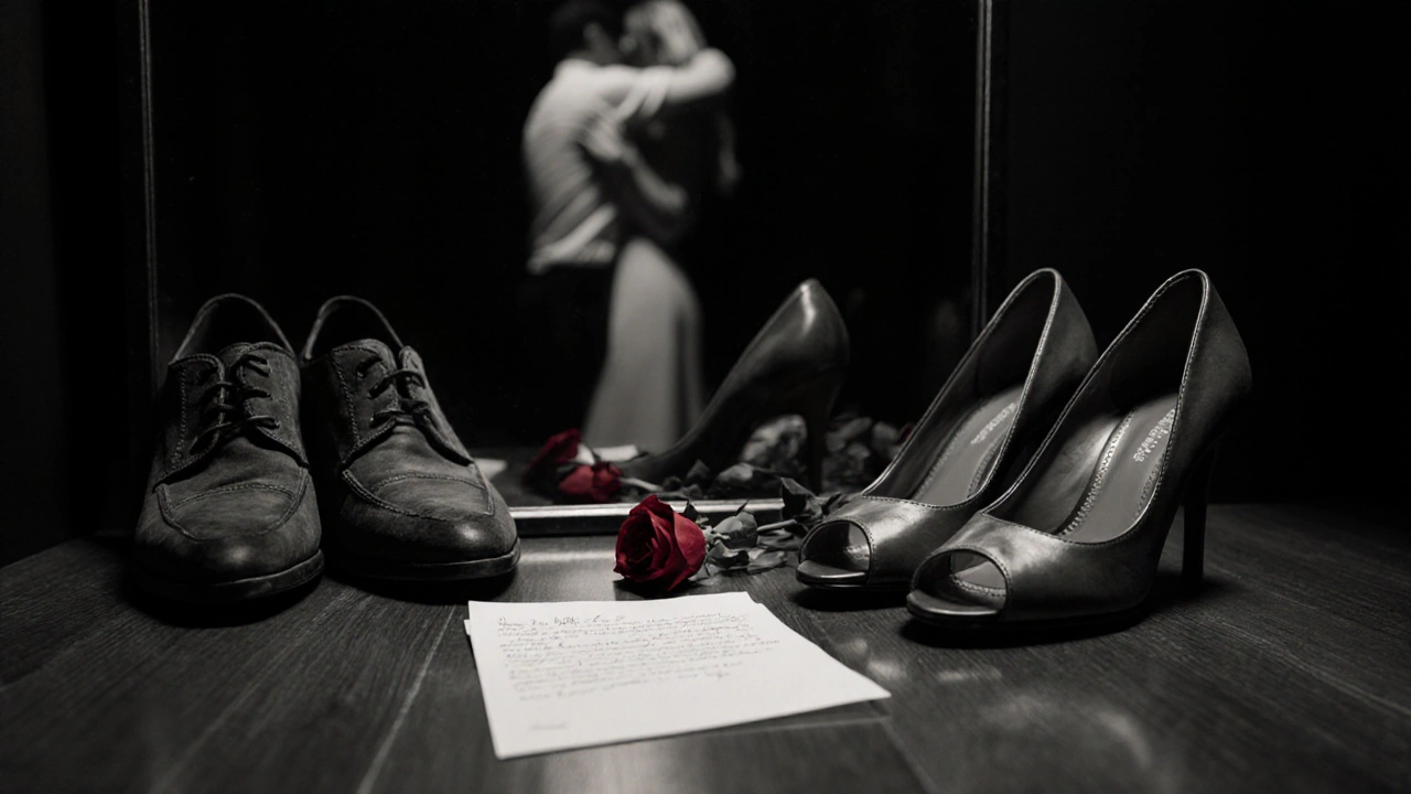 Empty shoes and a rose on the floor symbolize a meaningful, silent human connection.