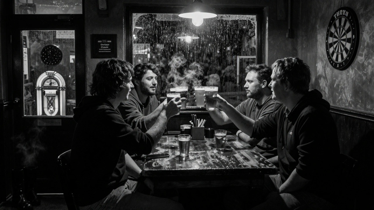 Friends toasting at a late-night pub in Peckham under a single dim bulb.