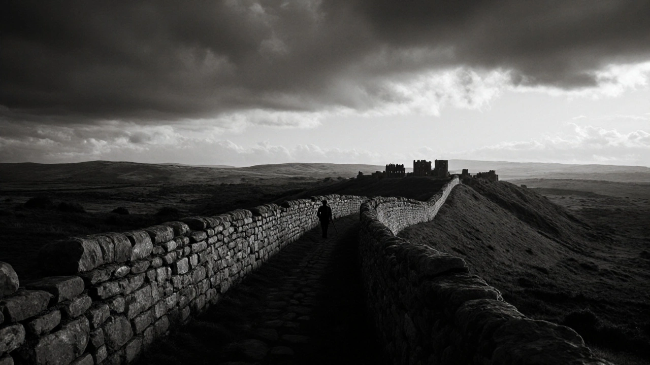 Hadrian’s Wall at dusk stretching across moorland with faint soldier’s shadow on the ramparts.