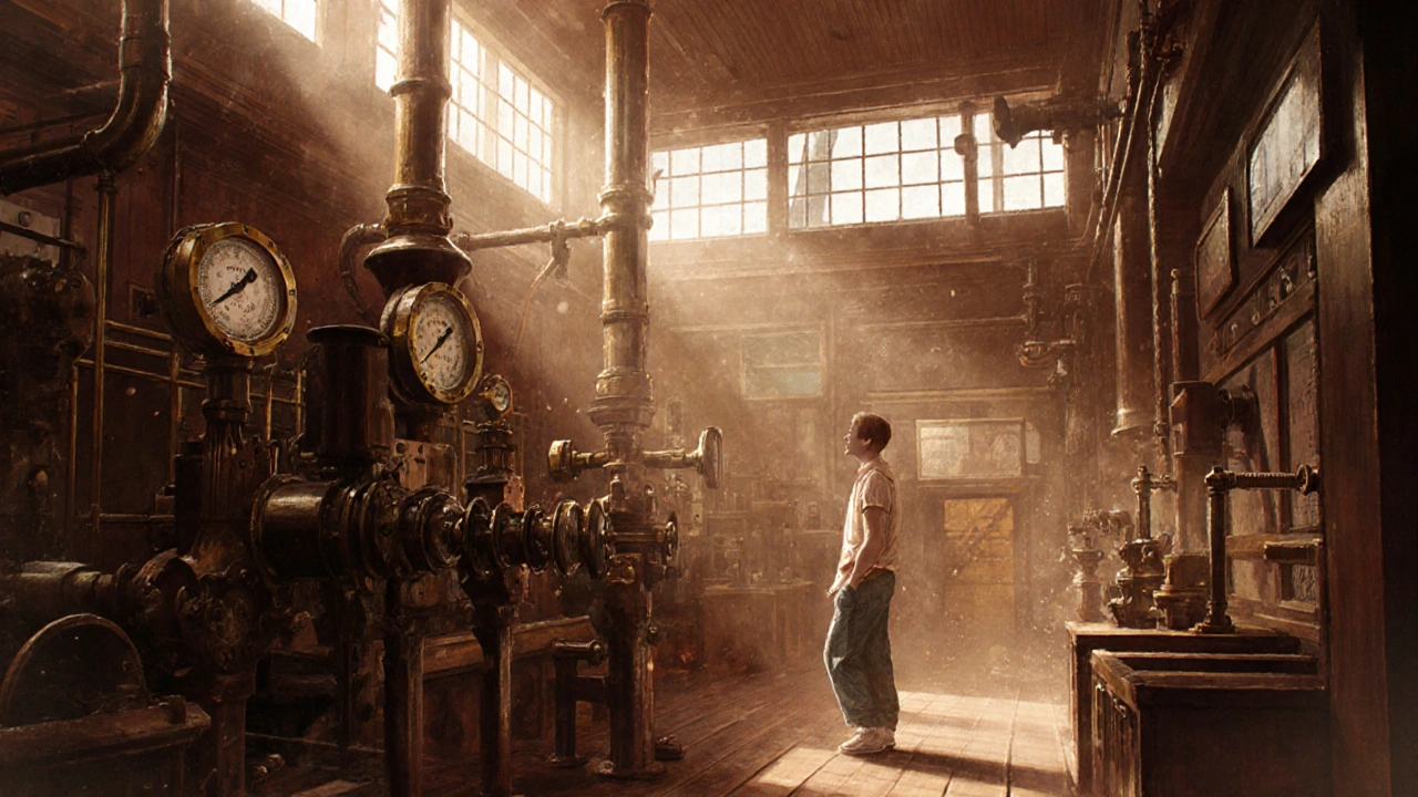 Inside Tower Bridge&#039;s historic engine room with steam machinery and brass controls lit by warm light.