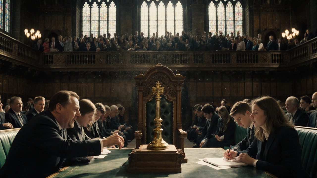 Interior of the House of Commons during Prime Minister’s Questions, with MPs debating under historic lighting.