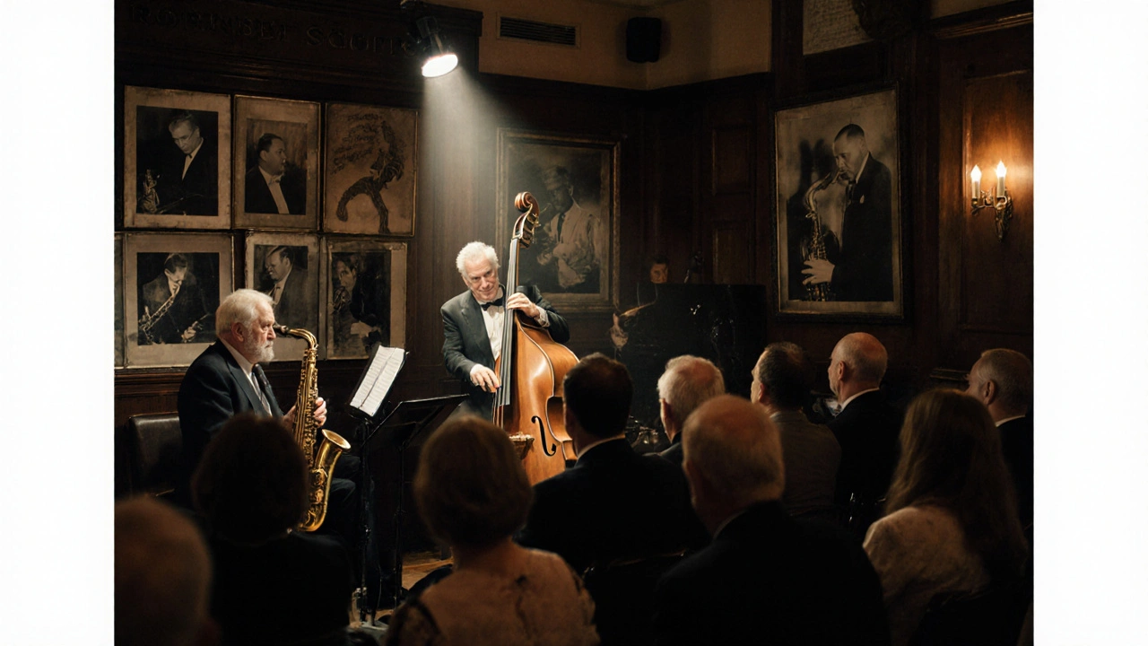 Intimate jazz club with musicians performing as mature audience listens quietly.