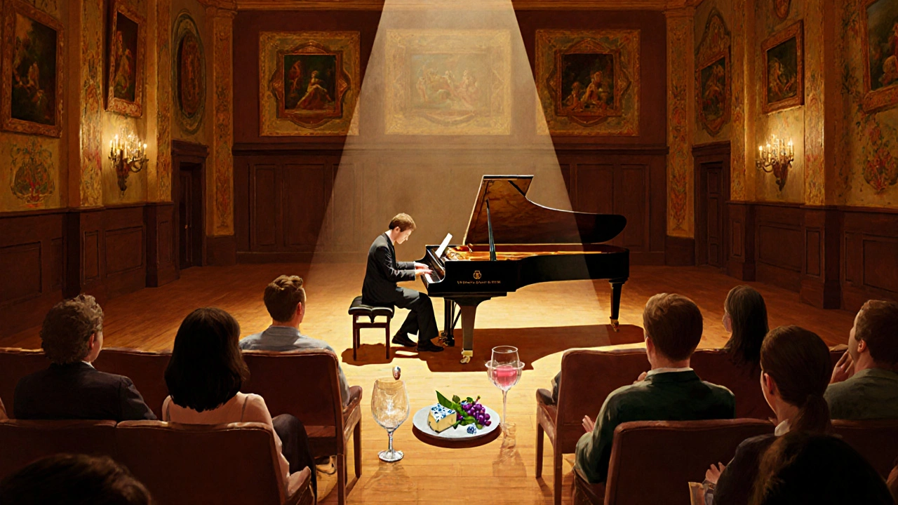 Intimate Wigmore Hall recital with solo pianist, patrons in silence, wine glass and artisanal cheese on table.