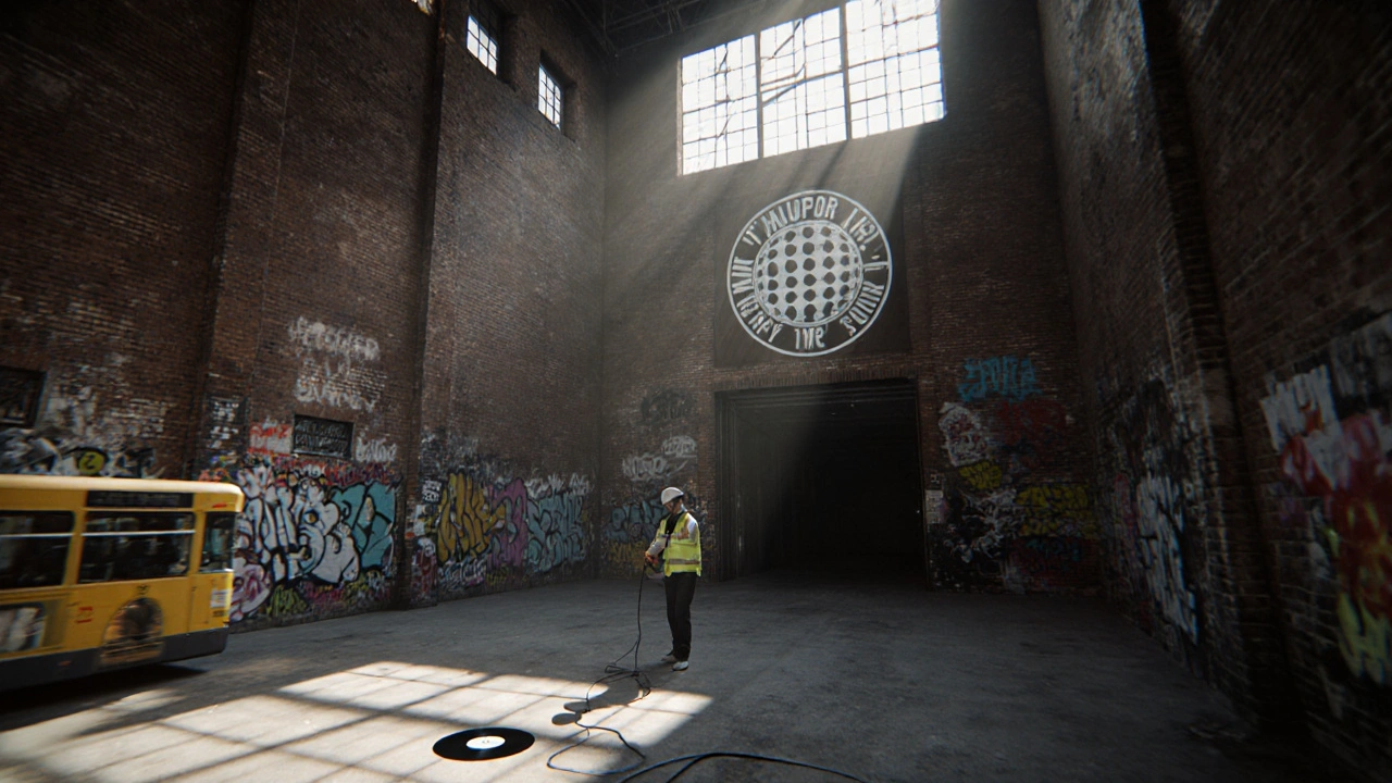 Ministry of Sound building in daylight, empty and quiet, with a vinyl record on the floor near the entrance.