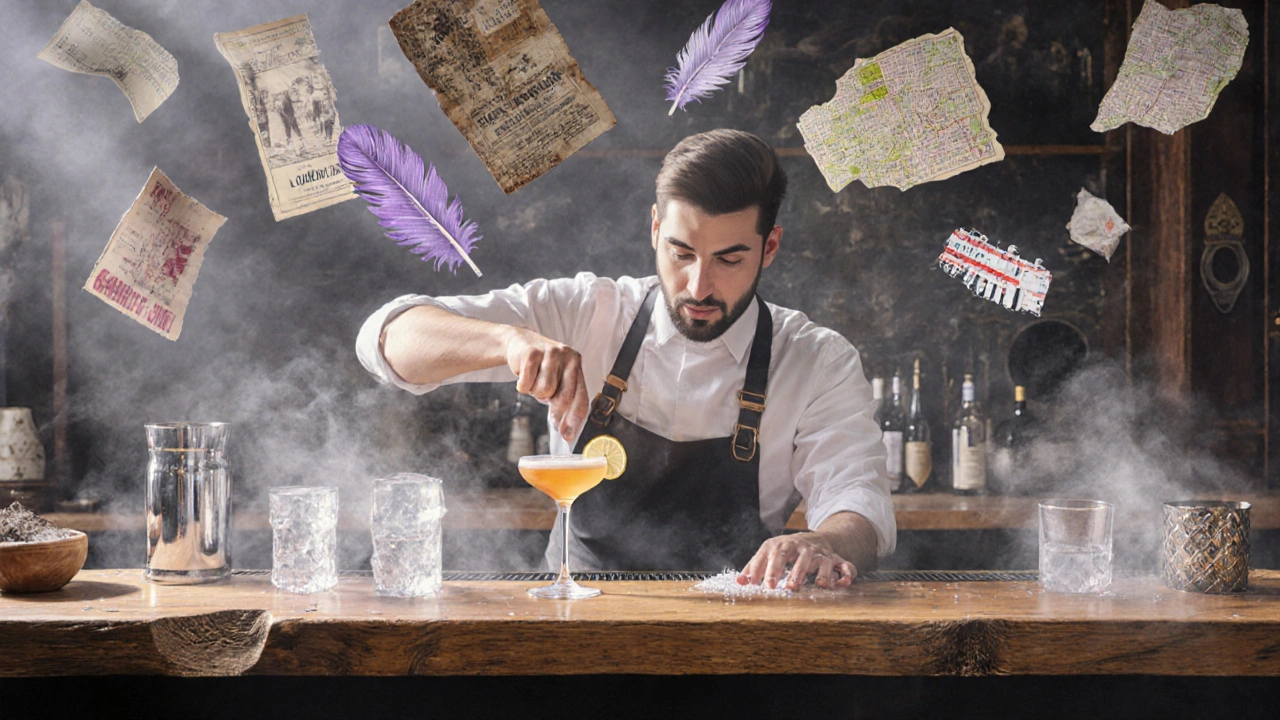 Modern London cocktail bar with floating historical fragments and bartender crafting a memory-based drink.