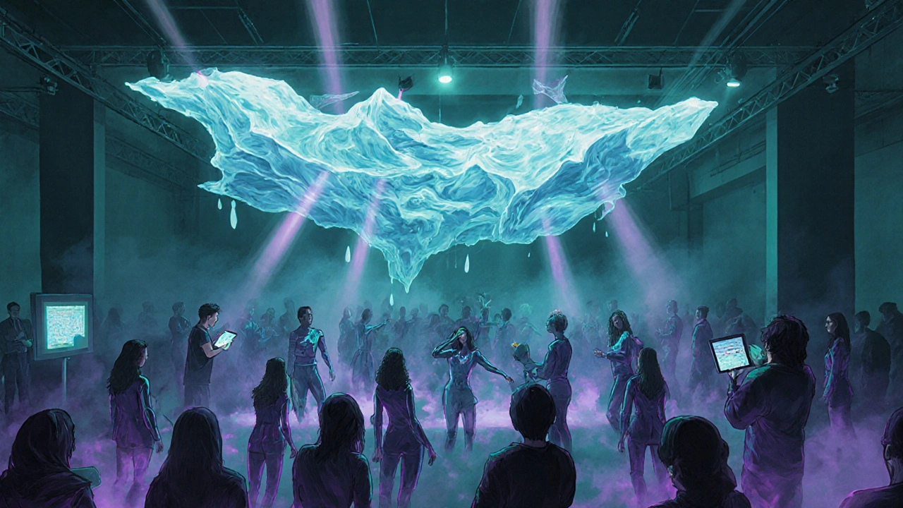 Projections of melting glaciers above dancers in flowing costumes inside a creative club space.