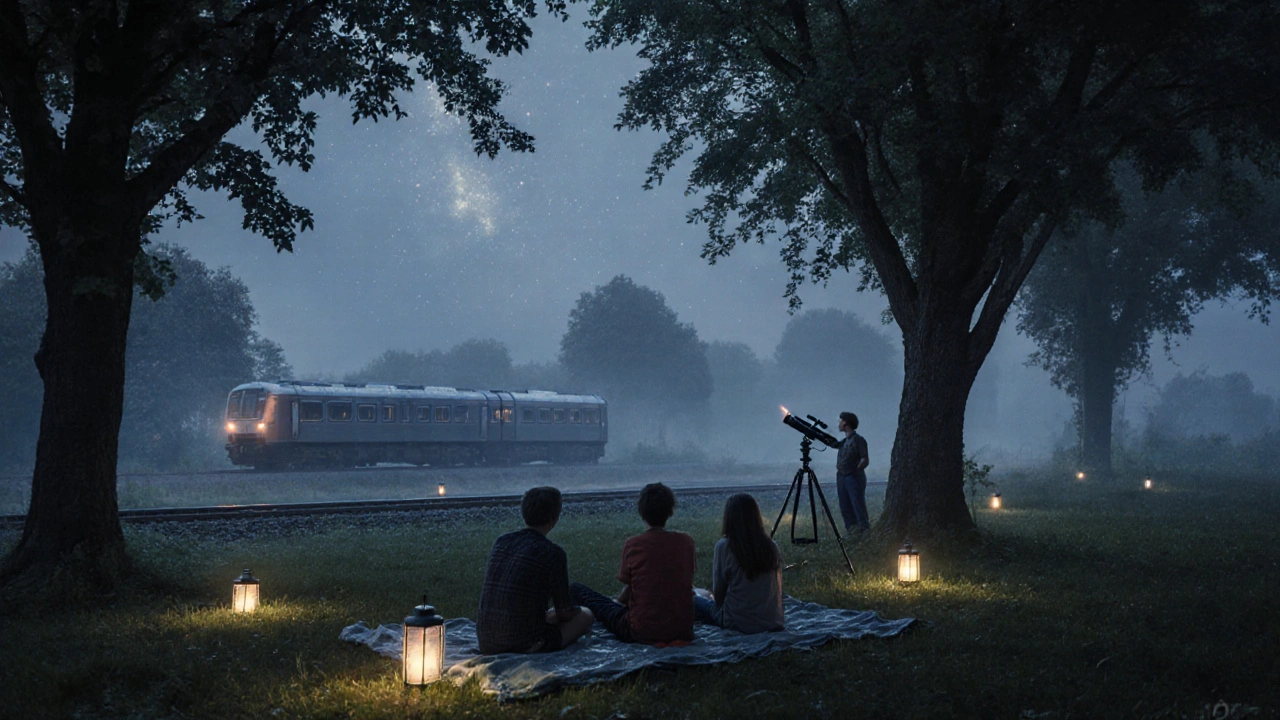 Quiet night at Walthamstow Wetlands with people stargazing under lanterns and trees.